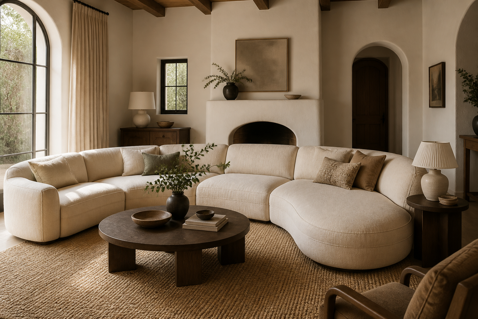 Warm designer living room with a cream sectional